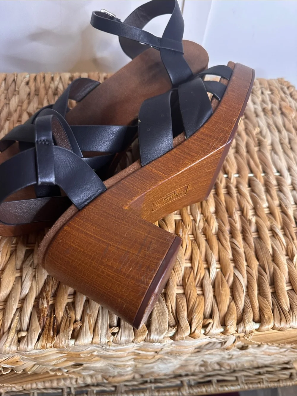 White Mountain Black Crisscross Leather Wedge Sandals